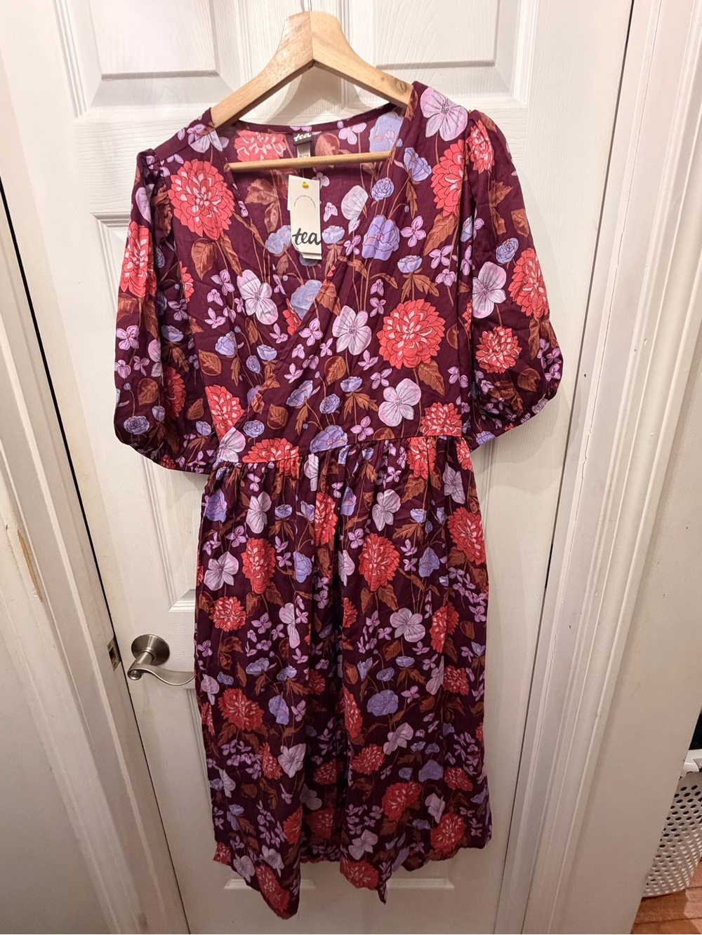 Tea Collection Burgundy Floral Wrap Midi Cotton Dress